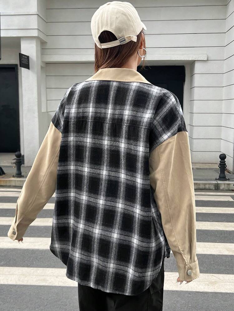Plaid Print Drop Shoulder Flap Pocket Shirt
