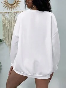 SHEIN EZwear 大碼人物和字母圖案落肩袖運動衫 - 白色 - 查看 2