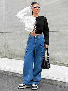 SHEIN EZwear Của phụ nữ Khối màu Thánh giá Dây đeo Áo nỉ - Đen và trắng - Xem 6