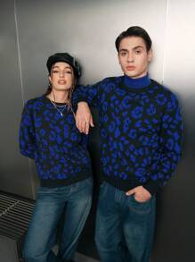 SWAVVY 1pc Leopard Pattern Drop Shoulder Sweater - Blue - View 1