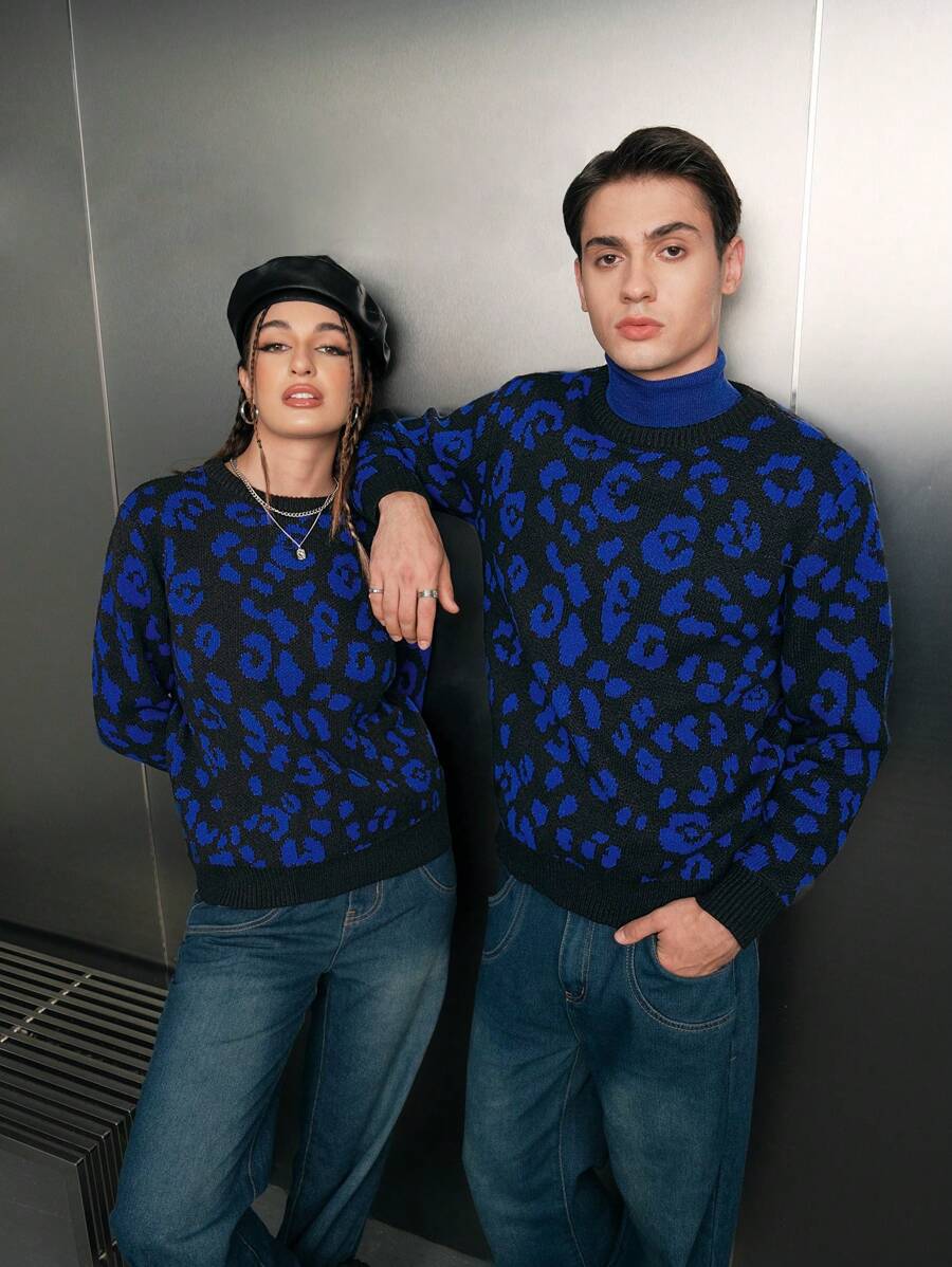 SWAVVY 1pc Leopard Pattern Drop Shoulder Sweater - Blue - View 1