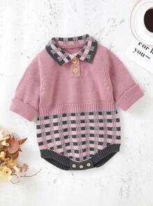 Baby Girl Plaid Pattern Polo Neck Knit Bodysuit - Pink - View 1