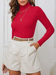 INAWLY Solid Turtleneck Ribbed Knit Sweater,Long Sleeve Tops Knit Pullover Fall Winter Sweater - Red - View 4