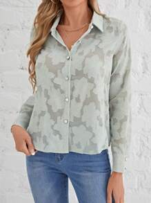 SHEIN Frenchy 提花前紐扣襯衫 - 綠色 - 查看 4