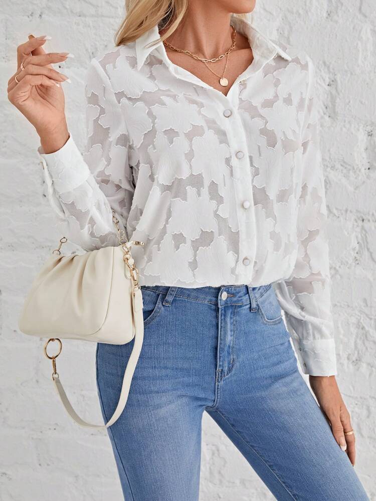 Jacquard Button Front Shirt Summer White Casual