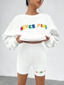 SHEIN EZwear Đồ họa Chữ cái Thả vai Áo nỉ & Quần short đi xe - trắng - Xem 3
