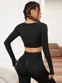 SHEIN Sports 無縫高彈運動長袖t恤 - 黑色 - 查看 2