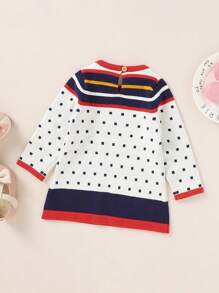 Baby Girl Heart & Striped Pattern Keyhole Back Sweater Dress - White - View 2