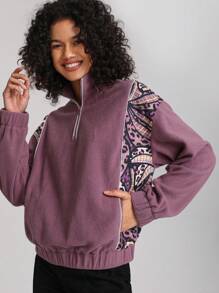 YI HSUAN Designer Contrast Graphic Print Half Zip Drop Shoulder Plush Sweatshirt - Multicolor - View 6