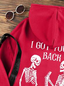 SHEIN EZwear 骷髏&標語圖案抽繩加絨內裏連帽衫 - 紅色 - 查看 4