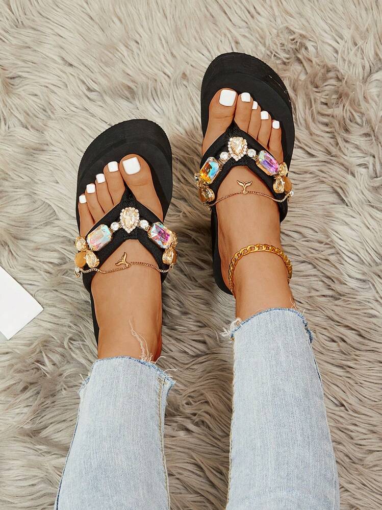 Sandalias de plataforma con cuña de 11CM, chanclas con lentejuelas negras para mujer, zapatos elegantes con tacón de mujer - Negro - Añade 7