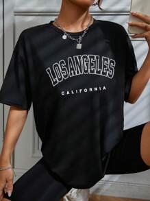 SHEIN Đồ họa Chữ cái Áo thun Thả vai - màu đen - Xem 5