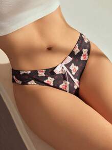 SHEIN 女款卡通印花可愛熊蝴蝶結裝飾三角內褲