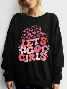 SHEIN EZwear Hơn Lá thư & Mũ Đồ họa Thả vai Áo nỉ - màu đen - Xem 1