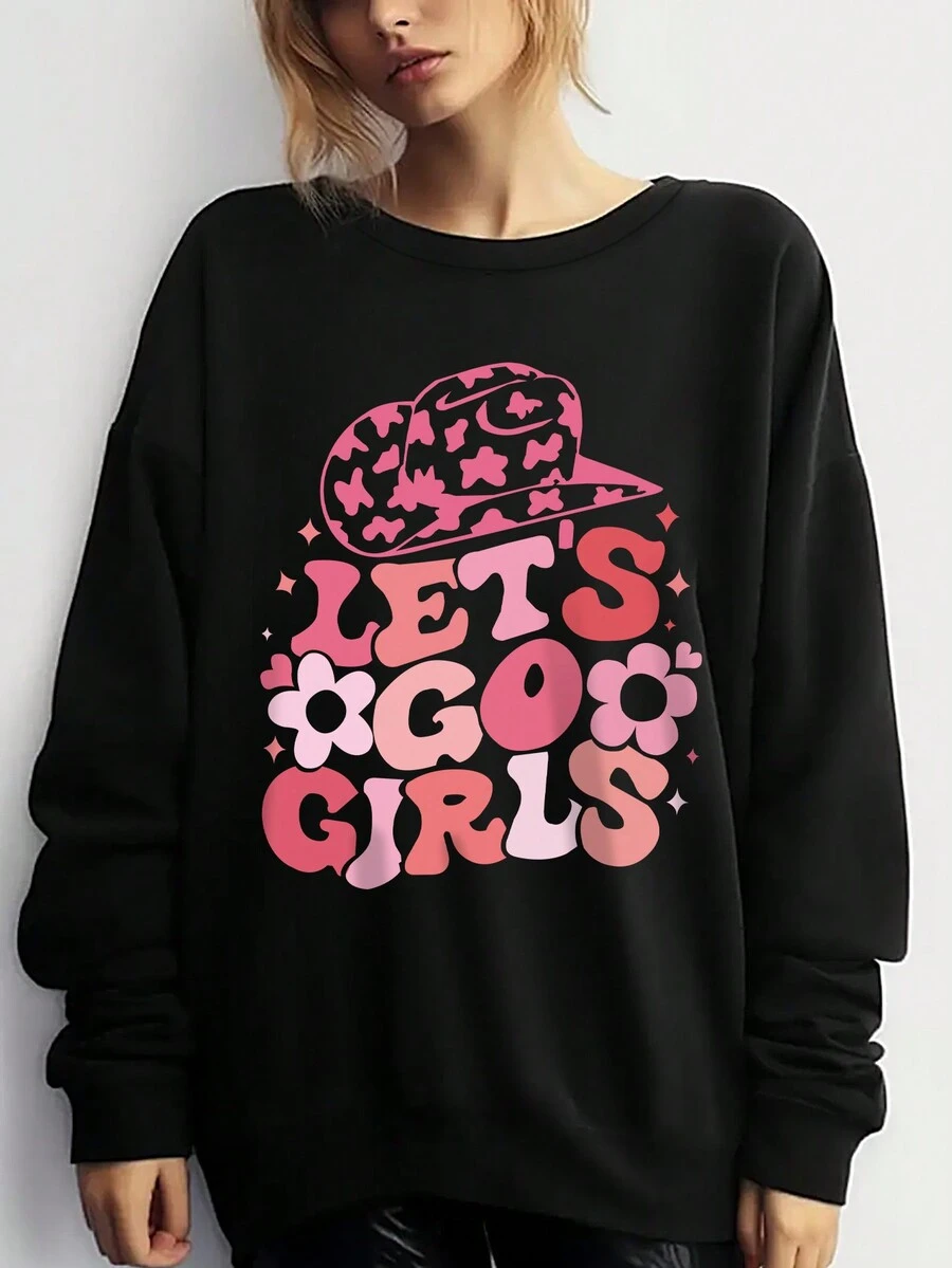 SHEIN EZwear Hơn Lá thư & Mũ Đồ họa Thả vai Áo nỉ - màu đen - Xem 1
