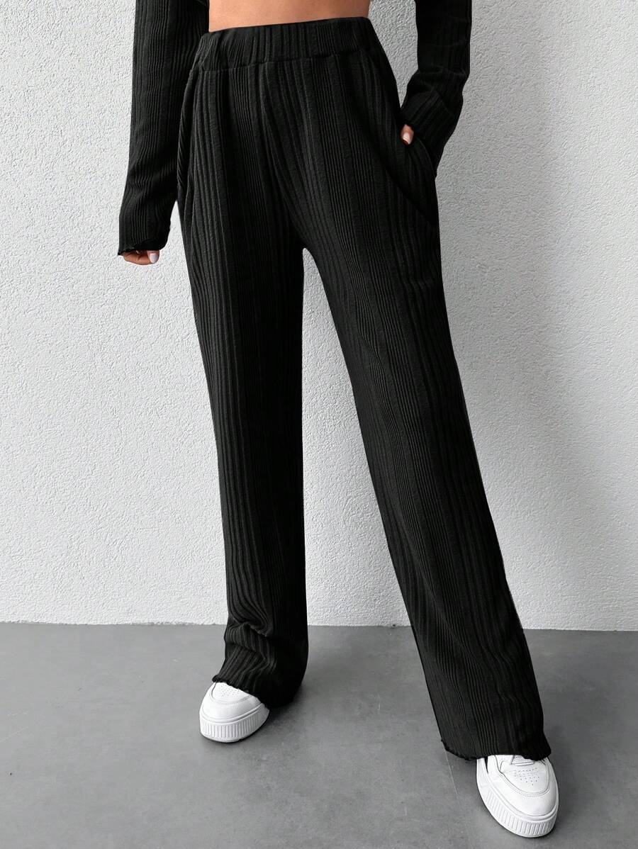 RueChic Solid Elastic Waist Straight Leg Pants - Black - View 1