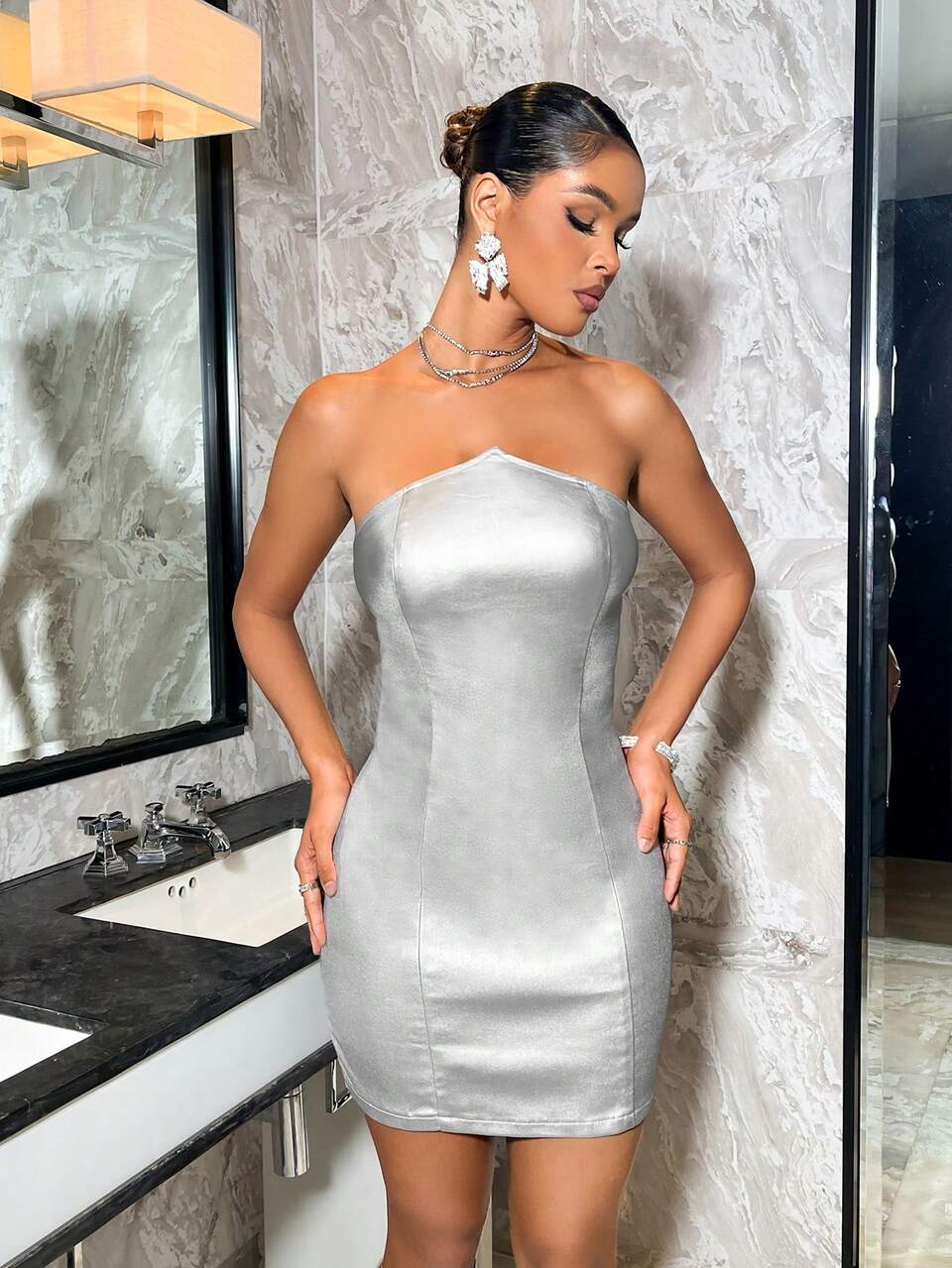Women's Fashionable Sexy Metallic Bodycon Bandeau Mini Dress