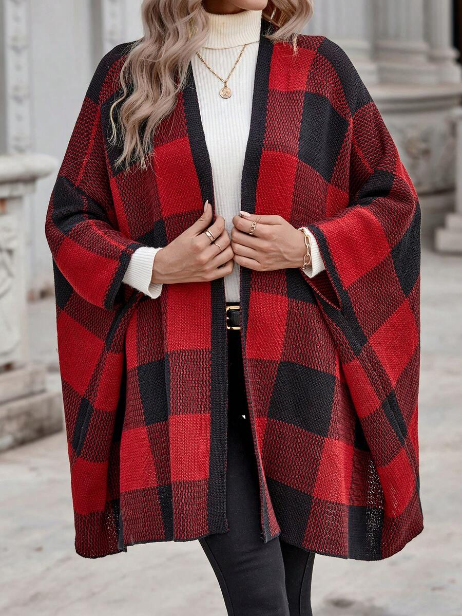EMERY ROSE Buffalo Plaid Pattern Batwing Sleeve Cardigan - Multicolor - View 1