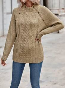 SHEIN LUNE Mock Neck Button Detail Raglan Sleeve Sweater - Khaki - View 5