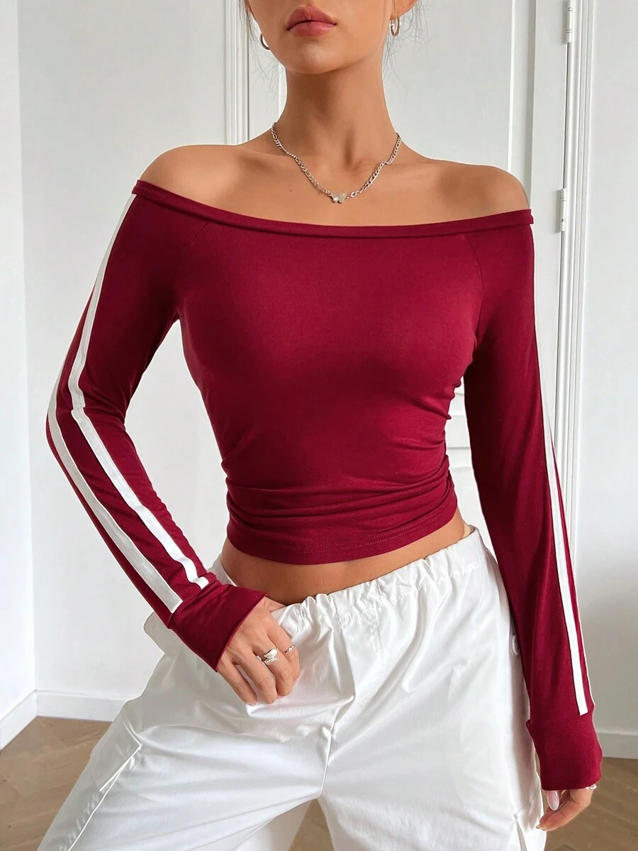 SHEIN EZwear Off Shoulder Tương phản Đường may bên Áo phông Crop - Đỏ - Xem 1