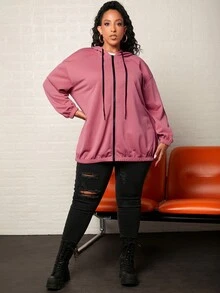 SHEIN CURVE+ 大碼標語圖案落肩袖抽繩連帽夾克 - 紅色 - 查看 6