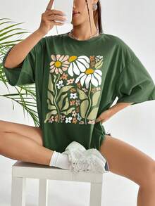 SHEIN EZwear Camiseta de hombros caídos con estampado floral - Verde militar - Ver 4