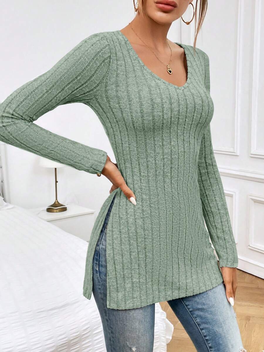 SHEIN Essnce Viền chia cắt Đồ đan Ribbed Áo thun - Màu xanh Bạc hà - Xem 1