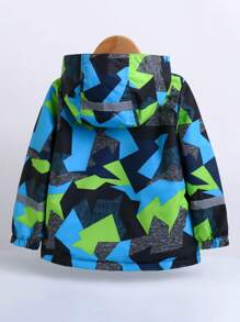 SHEIN 女小童1入組幾何印花拉鏈開襟連帽外套 - 藍色 - 查看 2