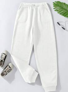 Teen Girl Solid Slant Pocket Drawstring Waist Sweatpants - White - View 1