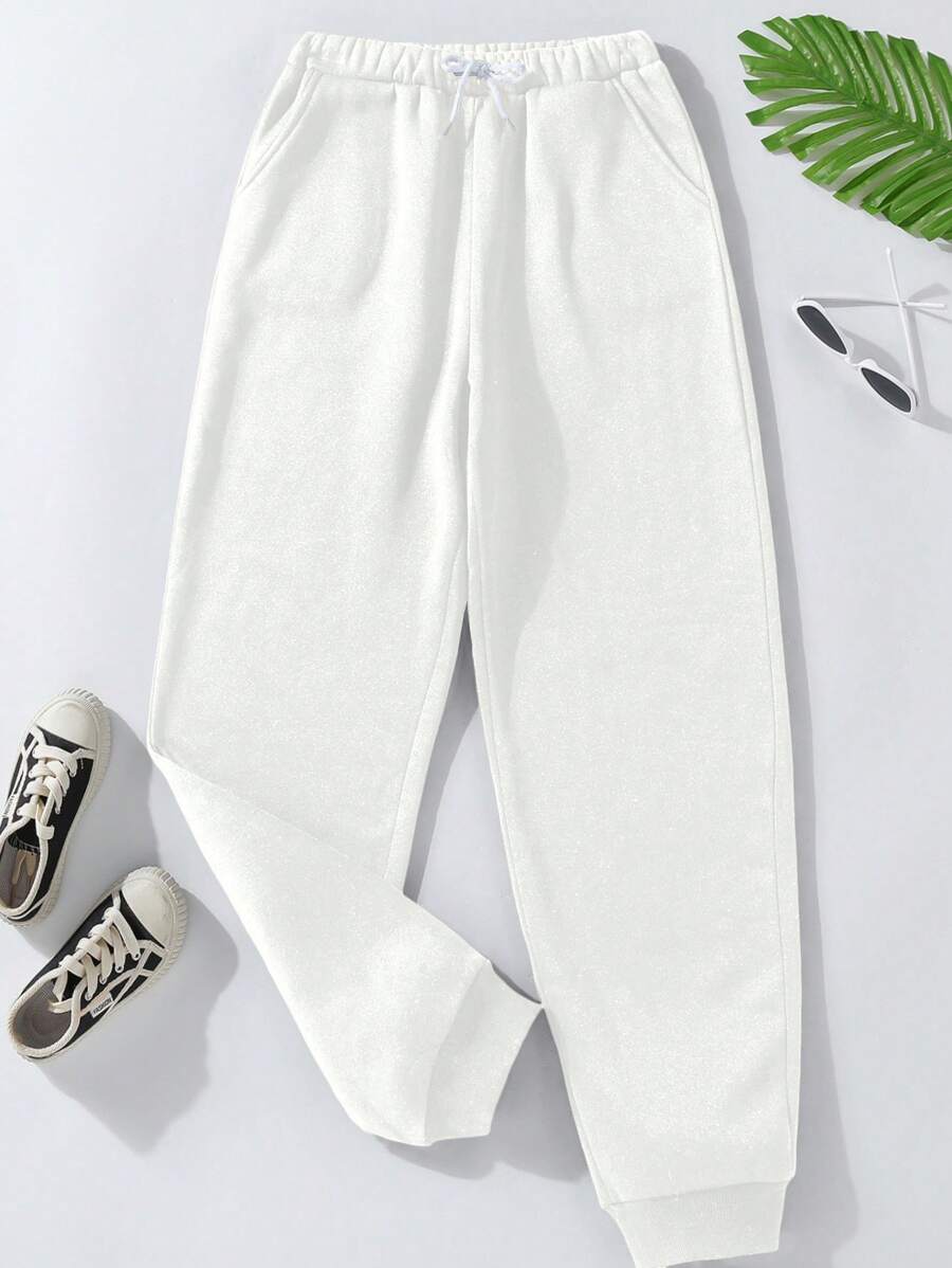 Teen Girl Solid Slant Pocket Drawstring Waist Sweatpants - White - View 1