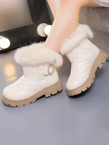 孩子們的冬天時尚絲絨一腳蹬短靴適合女孩,濃烈香調休閒毛茸茸平底靴,素色,多用途雪地靴,水鑽皮革靴子 - 米色 - 查看 8