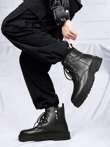 Men's High-top Stylish Solid Color Boots For Autumn And Winter - Black - View 4