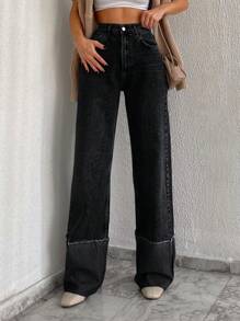 SHEIN Cottnline Straight Leg High Waisted Jeans - Black - View 3