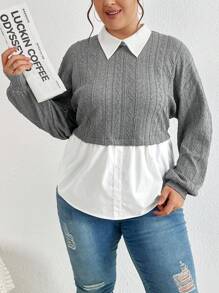 SHEIN Essnce Plus Size Color-Block Drop-Shoulder 2 In 1 T-Shirt - Grey - View 1