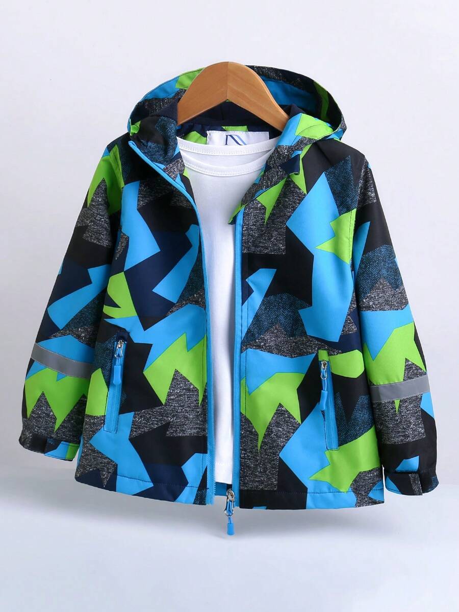 SHEIN 女小童1入組幾何印花拉鏈開襟連帽外套 - 藍色 - 查看 1