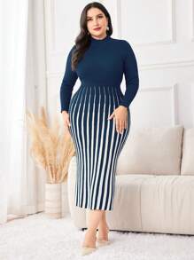 Modelyn Plus Size Women's Striped Bodycon Sweater Dress - Royal Blue - View 5