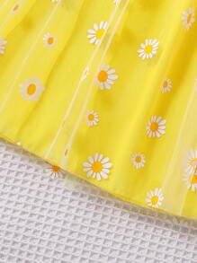 SHEIN Vestido Amarelo Vintage Com Estampa De Girassol E Margarida Para Meninas Com Decote Quadrado Para Um Visual De Verão Brilhante E Fresco