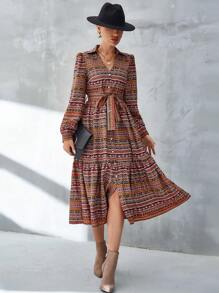 SHEIN VCAY Allover Print Belted Shirt Dress - Multicolor - View 6