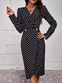 SHEIN LUNE In vết tròn Polka Chi tiết Nút Váy Wrap Hem - Đen và trắng - Xem 1