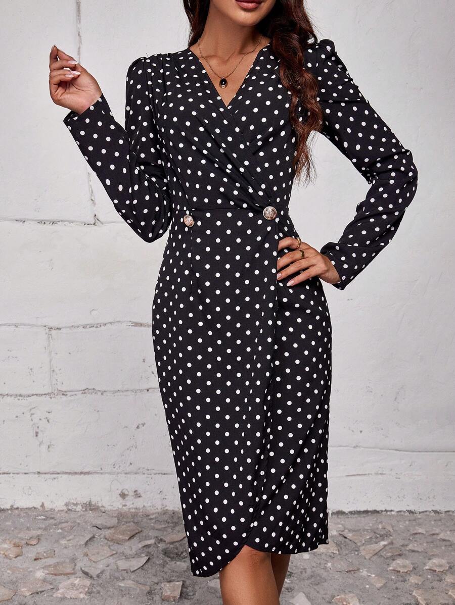 SHEIN LUNE In vết tròn Polka Chi tiết Nút Váy Wrap Hem - Đen và trắng - Xem 1