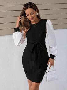 SHEIN 孕婦撞色燈籠袖繫腰帶洋裝 - 黑色 - 查看 1