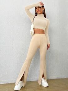 SHEIN EZwear 夏季穿搭 高领罗纹针织短款T恤 - 米色 - 查看 4