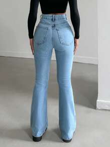 Zip Front Flare Leg Jeans - Medium Wash - View 2