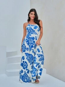Vestido Largo Con Amarre En La Parte Posterior Y Flores Azules - Azul y blanco - Ver 6