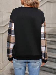 EMERY ROSE Sudadera de cuadros en contraste con estampado de hombros caídos - Negro - Ver 2