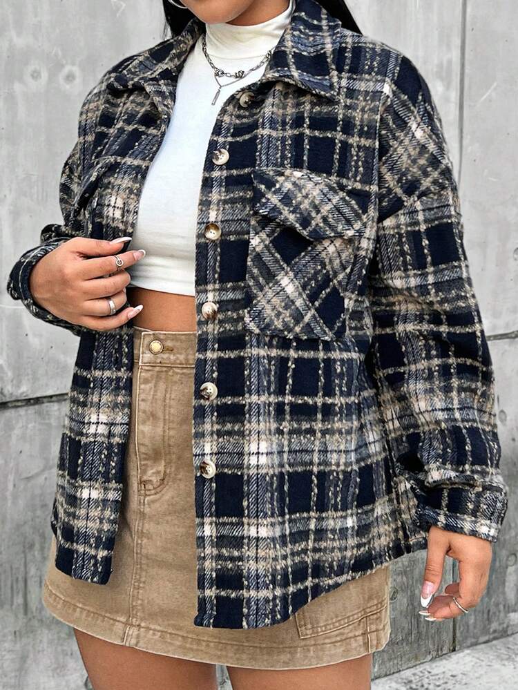 Plus Plaid Print Drop Shoulder Flap Pocket Coat Fall Cloth For Women
