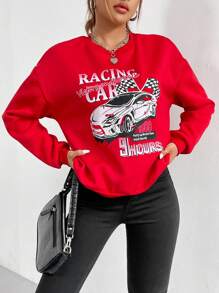 SHEIN Unity Đồ họa ô tô và chữ cái Thả vai Áo nỉ - Đỏ - Xem 1