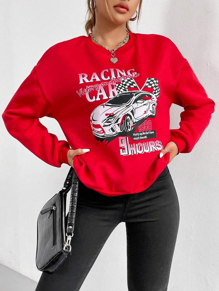 SHEIN Unity Đồ họa ô tô và chữ cái Thả vai Áo nỉ - Đỏ - Xem 1