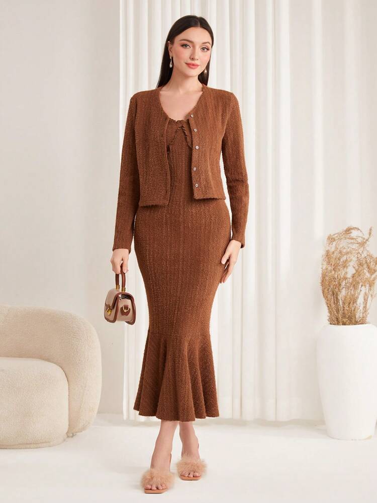 Solid Button Front Jacket & Mermaid Hem Cami Dress