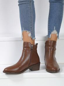 Women's Brown Pointed Toe Chunky Heel Zip-Up Short Boots, Casual Autumn/Winter Boots